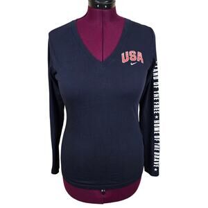 Women's Nike Dri-Fit USA Navy Blue V-Neck Long Sleeve Athletic Top | Size Large